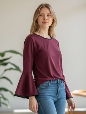 Women’s Long Sleeve Bell Sleeve Top - Burgundy (BL28 )